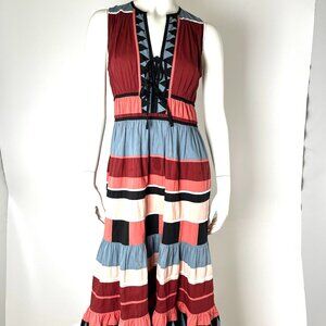 Authentic Ulla Johnson V Neck Midi Striped Cotton Blue Burgundy Sleeveless Dress